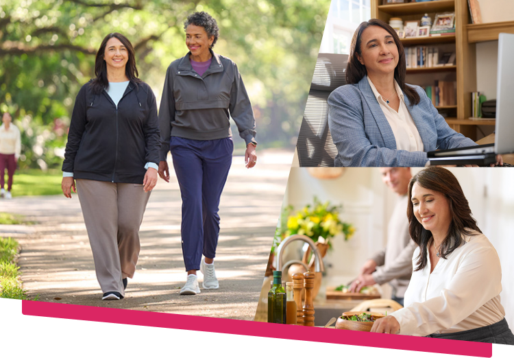 Woman living life happily: walking with companion, working at a desk and cooking