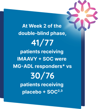 41/77 patients receiving IMAAVY + SOC were MG-ADL responders* vs 30/76 patients receiving placebo + SOC2,3